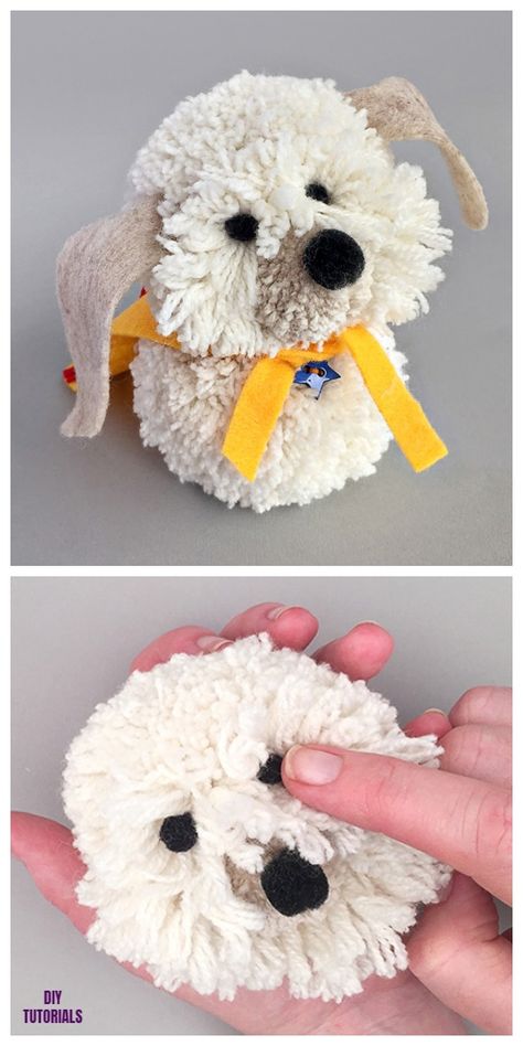 DIY Shaggy Pom Pom Dog Tutorial Pom Pom Toys, Yarn Animals Diy, Yarn Dogs Diy, Dog Crafts For Kids, Dog Tutorial, Yarn Animals, Pom Pom Bunnies, Pom Pom Animals, Pom Dog