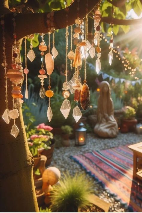 Whimsical Bohemian Style, Boho Yoga Room Meditation Space, Magical Patio Ideas, Whimsical Porch Ideas, Zen Patio Ideas Meditation Space, Oasis Garden Ideas, Zen Garden Room, Outdoor Fairy Garden Diy Landscapes, Outdoor Zen Garden Diy