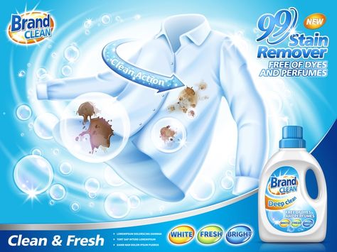 Premium Vector | Stain remover ad, with water washing a stained shirt, blue background illustration Detergent Packaging, Modern Washing Machines, Washing Symbols, Product Ads, Packaging Template Design, Detergent Bottles, Eco Logo, Dry Cleaning Services, Packaging Template