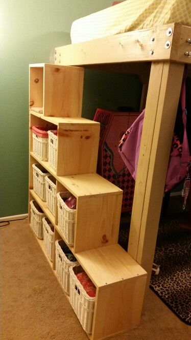 Storage steps for loft bed Storage Stairs For Loft Bed, Diy Stairs For Loft Bed, Build Your Own Loft Bed, Loft Bed Stairs With Storage, Diy Bunk Bed Stairs, Stairs For Bed, Loft Bed Stairs, Loft Bed Storage, Storage Steps