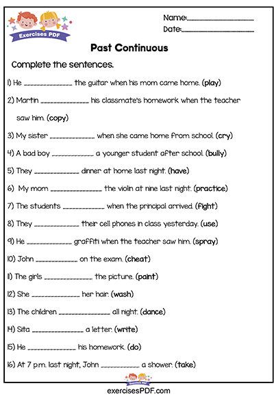 Complete using the Past Continuous of the Verbs Past Simple Verbs Worksheets, Simple Past Continuous Tense Worksheet, Verb To Be In The Past, Past Tense Worksheet Regular Verbs, Past Simple And Past Continuous Exercise, Grammar Exercise, Grammar Activities Worksheets, Tenses Exercises, English Primary School