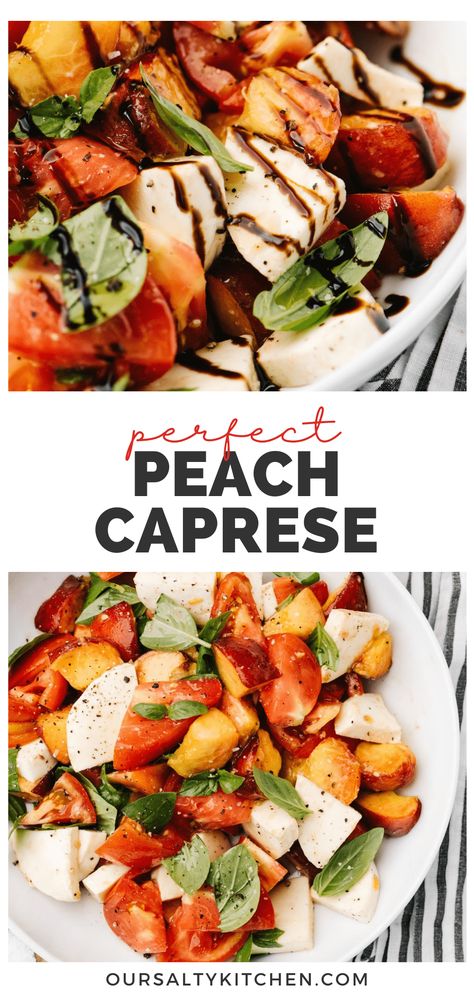 Peach Caprese Salad, Peach Caprese, Stone Fruit Salad, Mozzarella Salad, Dinner Side, Light Party, Summer Produce, Peach Salad, Balsamic Reduction