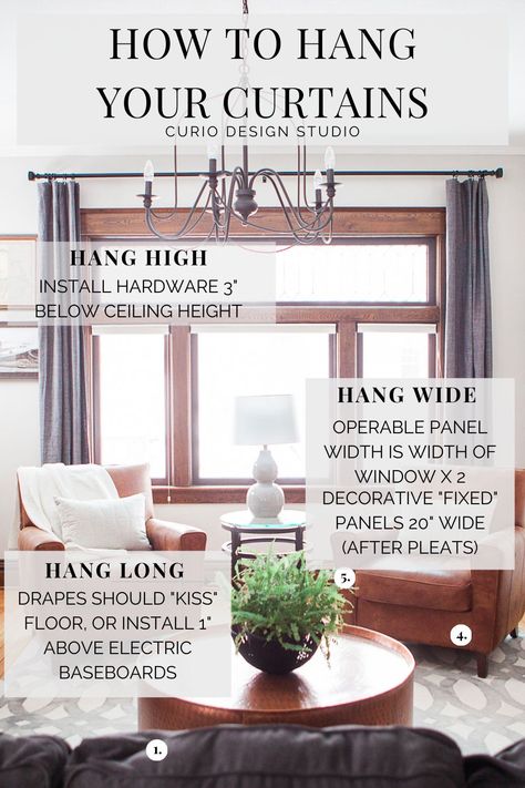 So many people get confused when putting up window coverings. That’s a problem we can solve if you remember our 3 simple rules. #curtains #hangcurtains #howtohangcurtains #interiordesign #design #curiodesign Curtain Rules Interior Design, Curtain Length Guide, Antique Bookshelf, Brown Curtains, Curtain Hanging, Long Drapes, Elegant Lighting Fixtures, Home Together, Curtain Length