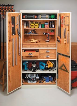 Customize an ordinary steel storage cabinet to hold a shop full of tools and supplies. Tools Cabinet Storage, Tool Room Storage, Steel Cabinet Makeover, Large Tool Storage Ideas, Tool Cabinet Organization, Tool Cabinet Ideas, Woodsmith Plans, Steel Storage Cabinets, Tool Storage Cabinets