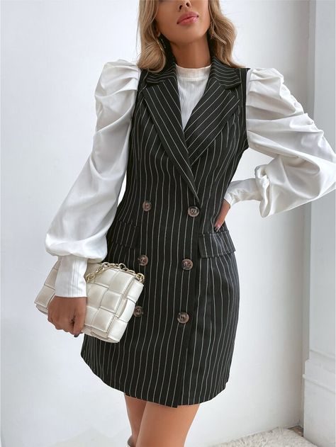 Sleeveless Blazer Dress Outfits, Sleeveless Blazer Dress, Double Breasted Blazer Dress, Blazer Dress Outfits, Striped Suit, Women Blazers, Sleeveless Blazer, Suit Collar, Sleeveless Suit