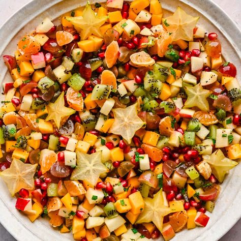 Winter Fruit Salad Fruit Side Dish Recipes, Fruit Salad Winter Holidays, Chopped Winter Fruit Salad, Pomegranate Fruit Salad, Chopped Fruit Salad, Winter Fruit Platter, Fruit Bowl Recipe, Winter Fruit Salad Recipe, Fruit Sides