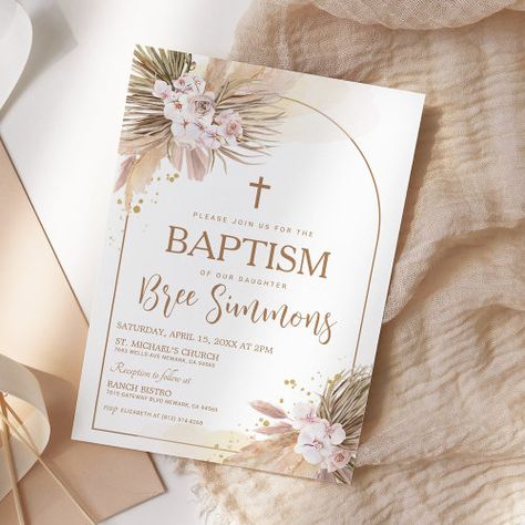 $3.08 | Boho Pampas Grass Baptism Christening #modern simple elegant, beige tan brown white, gender neutral, bohemian, pampas grass, desert, baptism invites, girl baptism, christening, first communion Christening Invitations Girl, Neutral Bohemian, Christening Invitation, Christening Candle, Boho Invitations, Girl Baptism, 1st Communion, Cultural Celebration, Girl Themes