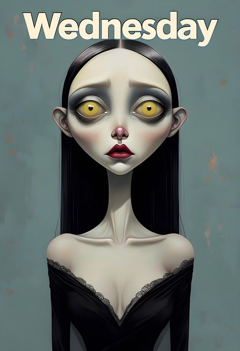 Wall art, gothic inspired digital print of a unique version of 'Wednesday' from the Adams family. Or simply a feeling, emotional represented day of the week. This female has yellow eyes and long black hair. The Adams Family, The Adams, Adams Family, Long Black Hair, Yellow Eyes, Day Of The Week, Art Digital, Black Hair, Art Mural