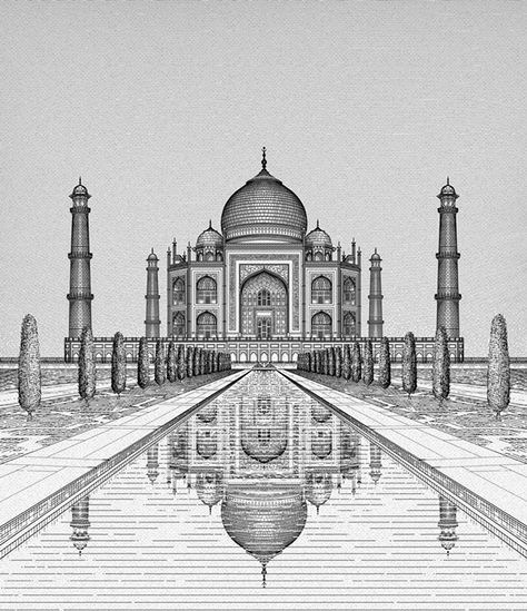 The Taj, Agra on Behance One Point Perspective Drawing Landscapes, Taj Mahal Sketch, Taj Mahal Drawing, 1 Point Perspective Drawing, Perspective Painting, One Point Perspective Drawing, Desenhos Van Gogh, Taj Mahal Art, Landscape Pencil Drawings