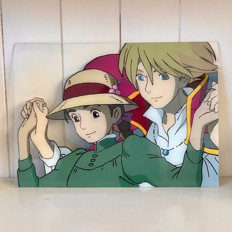 Howl’s Moving Castle Painting, Howls Moving Castle Painting Ideas, Howls Moving Castle Glass Painting, Studio Ghibli Glass Painting, Ghibli Glass Painting, Glass Paintings Anime, Glass Anime Painting, Anime Glass Painting Ideas, Glass Painting Aesthetic