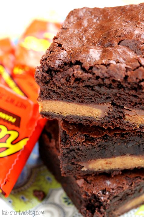 Reese's Cup Brownies - Table for Two® by Julie Wampler Reese's Brownies, Stuffed Brownies, Cups Recipes, Brownie Bars, Pb Cups, Brownie Cups, Table For Two, Candy Bars, Brownie Mix