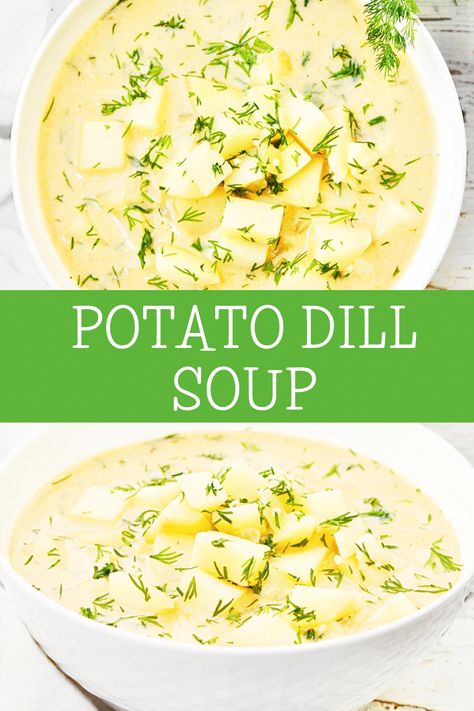 Potato Dill Soup ~ Chunky potato soup infused with the bright and herbaceous flavor of fresh dill. Ready to serve in under 30 minutes! via @thiswifecooks Potato Dill Soup, Dill Soup Recipe, Chunky Potato Soup, Dill Soup, Dill Pickle Soup, Pickle Soup, Dill Potatoes, Soup Vegan, Vegan Potato