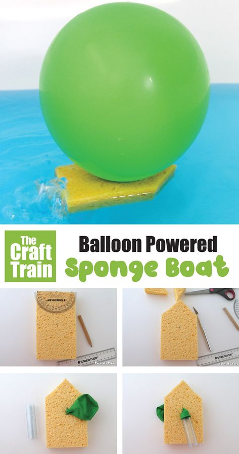 Make a balloon powered boat to use in the bath or outdoors this summer. This is a great way for kids to learn about energy and makes a fun STEM craft idea. #stem #craft #balloon #balloonpower #kidscrafts #boats #sponges #summer #science #steam #sciencefun #experiments #thecrafttrain Jungle Classroom, Fun Stem Activities, Science Experiment For Kids, Train Projects, Experiment For Kids, Sea Activities, Kitchen Science, Preschool Play, Kindergarten Projects