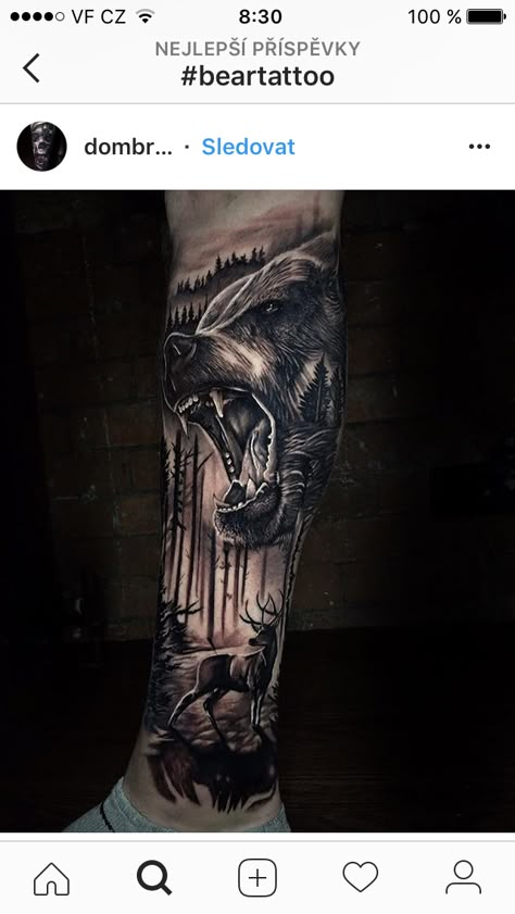 Реализм Mountain Sleeve Tattoo, Grizzly Bear Tattoos, Cool Animal Tattoos, Bear Tattoo Designs, Hunting Tattoos, Animal Sleeve Tattoo, Animal Sleeve, Tier Tattoo, Nature Tattoo Sleeve