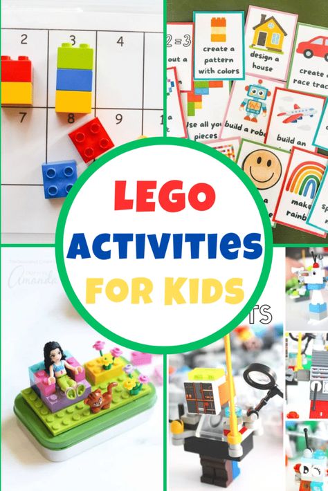 10 LEGO Activities for Kids - Lifeschooling Conference Lego Learning Activities Preschool, Everything Is Awesome Lego, Lego Scavenger Hunt, Lego Challenges For Kids, Lego Activities For Kids, Lego Camp, Charades Cards, Table Activities, Lego Challenge