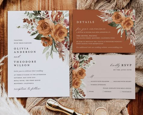 Terracotta Wedding Invitation Template Set Boho Floral - Etsy Australia Rusty Orange Wedding Invitations, Terracotta Boho Wedding Florals, Rustic Wedding Orange, Fall Color Wedding Invitations, Burnt Orange Invitations, Wedding Invitation Burnt Orange, Terracotta And Navy Wedding Invitations, Terracotta Wedding Invitations Templates, Wedding Fall Invitations