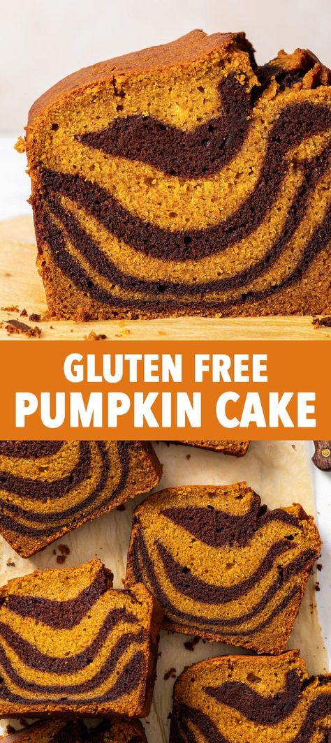 Gluten Free Pumpkin Marble Cake - This pumpkin marble cake is the perfect fall dessert: super easy to make, bursting with flavour and it looks simply stunning. It’s deliciously soft, moist and tender, and it’s packed full of pumpkin puree and warming fall spices. The recipe is absolutely fail-proof, and you don’t even need a stand or a hand mixer to make it! Gluten free cake recipes. Gluten free recipes. Gluten free dessert. Fall baking. Pumpkin bread. Gluten Free Pumpkin Cake Recipes, Flourless Pumpkin Cake, Gluten Free Pumpkin Loaf Recipe, Pumpkin Marble Cake, Pumpkin Cake Gluten Free, Gf Pumpkin Spice Cake, Pumpkin Spice Cake Gluten Free, Gf Pumpkin Bread Gluten Free, Gf Df Pumpkin Bread