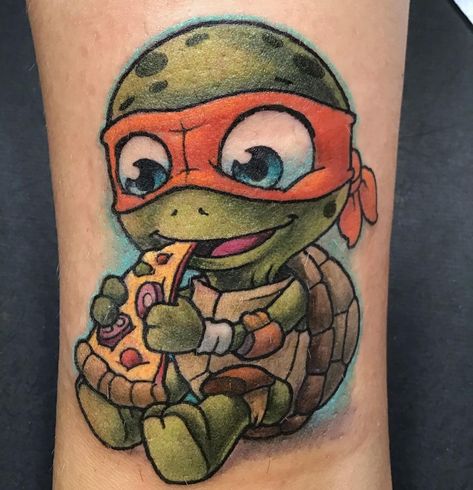 Tmnt Tattoo, Michelangelo Tattoo, Michelangelo Ninja Turtle, Ninja Turtle Tattoos, Baby Ninja Turtle, Pizza Tattoo, 90s Tattoos, Turtle Tattoos, Turtle Tattoo Designs