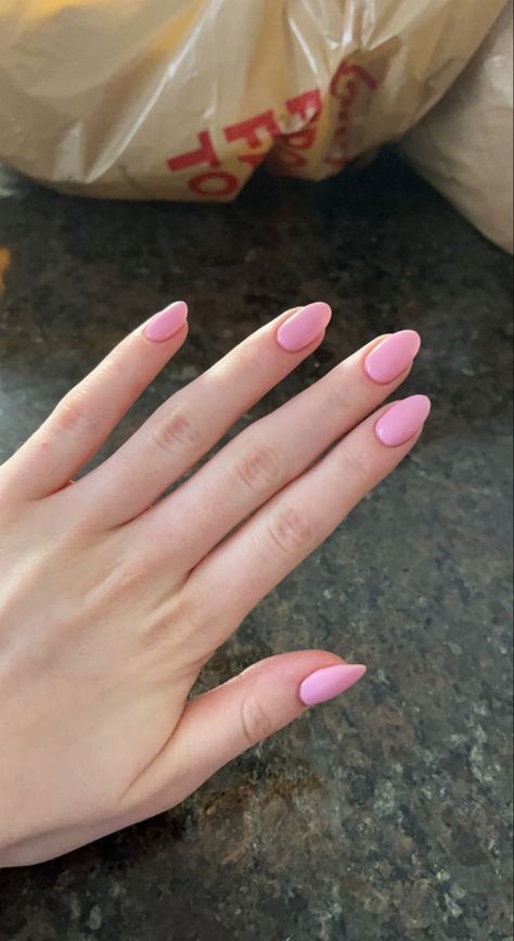 Pink Gel Extension Nails Almond, Light Pink Barbie Nails, Pastel Pink Oval Nails, Cute Pink Nail Ideas Almond, Acrylic Nails Almond Light Pink, Barbie Nails Short Almond, Almond Shaped Light Pink Nails, Short Oval Nails Acrylic Pink, Pink Nails Round Shape