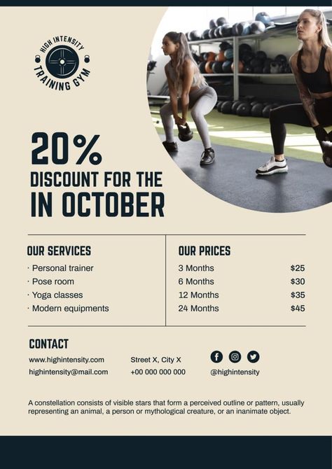 Free High Intensity Training Gym Discount Poster template Gym Membership Poster, Gym Poster Design Ideas, Fitness Class Poster, Gym Advertisement Poster, Gym Poster Design, Gym Ads, Gym Marketing, Gym Story, Gym Rules