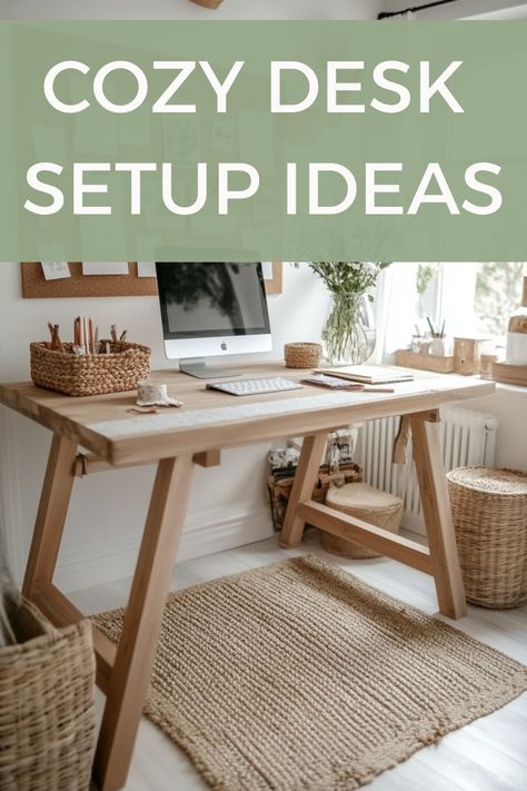 Stylish wooden desk with computer and organized storage baskets in a cozy room. Hygge Desk, Cozy Desk Setup, Desk Setup Ideas, Cozy Desk, Modern Coastal Decor, Boho Mid Century, Black Countertops, Setup Ideas, Modern Coastal