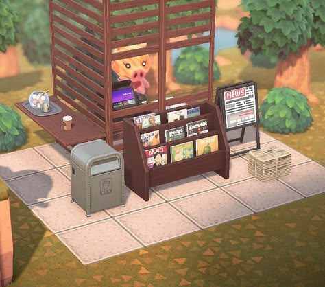 Acnh News Stand Design, Animal Crossing Partition Design, Newspaper Stand Animal Crossing, Animal Crossing Newspaper Stall, Animal Crossing Stand Ideas, Acnh Short Simple Panel Ideas, Small Animal Crossing Builds, Small Animal Crossing Ideas, Small Areas Acnh