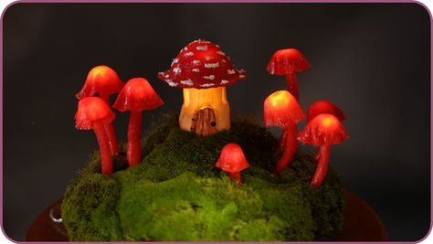 Miniature Fairy Garden Terrarium - Enchanted Mushroom Lights Diy Crafts Hot Glue, Mushroom Lights Diy, Mushroom Diy Crafts, Crafts Hot Glue, Plastic Bottle House, Fairy Mushroom House, Fairy Terrarium, Fairy Garden Mushrooms, Fairy Garden Terrarium