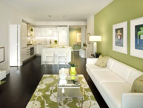 Lighter green walls make for a sleek, modern look. White contrasting notes keep the room crisp, bright, and "big"; dark wood floors prevent it all from seeming "novel". Try warmer up/down lighting near/on the wall. White baseboards and ceiling trim could make this less bold. Modern Green Living Room, Duck Accessories, White Baseboards, Living Room New York, Furnitur Ruang Keluarga, Living Room Color Schemes, Room Color Schemes, Green Walls, Condo Living