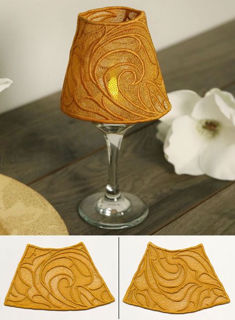 FSL Lamp Shade || Machine Embroidery Designs at Embroidery Library! - Embroidery Library Design, Lace Candle Holders, Lace Lampshade, Lace Candles, Embroidery Business, Library Designs, Leg Lamp, Sewing Machine Embroidery, Free Standing Lace