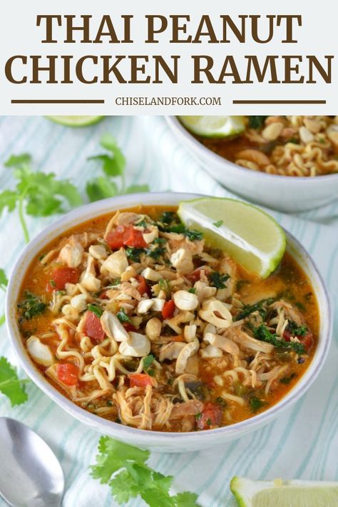 If you're looking something healthy on a cold night, this Thai peanut chicken ramen is packed with flavor and can be made in under 30 minutes. #thaipeanutchickenramen #thairamen #chickenramen #thaipeanutchicken #ramen | chiselandfork.com Thai Peanut Chicken Ramen, Thai Coconut Curry Chicken Soup, Peanut Chicken Ramen, Chicken And Rice Noodles, Coconut Curry Chicken Soup, Curry Chicken Soup, Chicken Ramen Recipe, Chicken Stock Recipe, Can Chicken Recipes