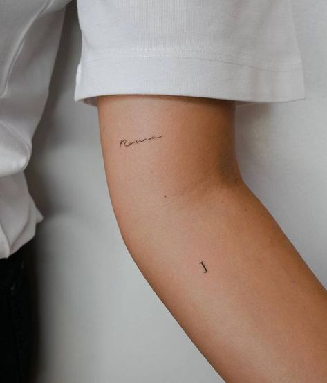 Tiny T Tattoo, Minimalist Tribute Tattoo, Tiny S Tattoo, You Remain Tattoo, Tattoos For Your Son Ideas Mom, Inside Of Elbow Tattoo, Eunoia Tattoo, Lala Tattoo, Tiny Name Tattoo