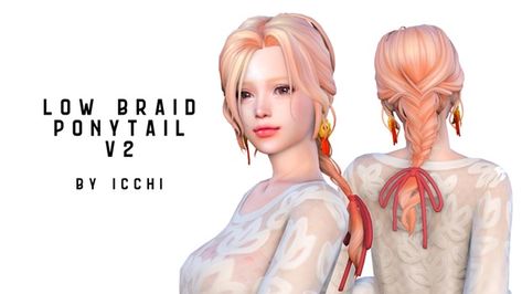 Low Braid Ponytail, Sims 4 Ponytail, Low Braid, Sims4 Custom Content, Magic Cottage, 4 Braids, Sims 4 Family, Braid Ponytail, Sims Packs