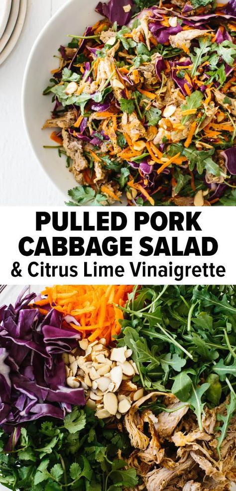 This pulled pork cabbage salad is an easy, healthy lunch or dinner recipe. This uses an easy crockpot pulled pork that's juicy and so tender. #pulledpork #cabbage #cabbagesalad #crockpot #pulledporkslowcooker #slowcooker Arugula Cabbage Salad, Bbq Pulled Pork Salad, Pulled Pork And Cabbage, Pulled Pork Cabbage, Pulled Pork Salad Bowl, Salad With Pulled Pork, Salad To Go With Pulled Pork, Healthy Sides For Pulled Pork, Pulled Pork Dinner Ideas Healthy