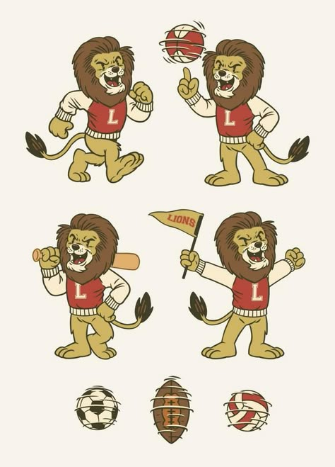 Set of Lion Sport Mascot in Vintage Retro Hand Drawn Style Lion Mascot Costume, Wolverine Redesign, Mascot Drawing, Sports Mascot, Lion Mascot, College Night, Mascot Logos, Lion Illustration, Character Logo