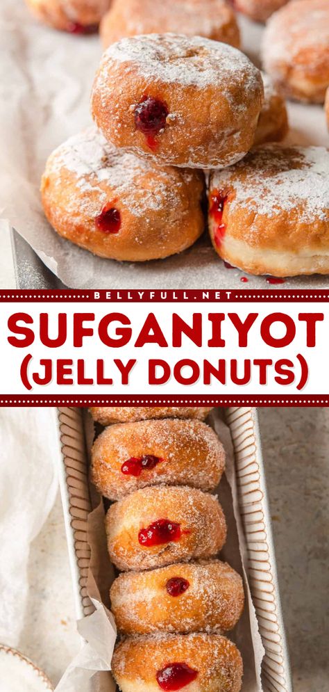 Your Jewish food won't be complete without these jelly-filled donuts! They're a simple Hanukkah dessert. Deep-fried then dusted in sugar, these homemade jelly donuts are irresistible! Save this Sufganiyof recipe! Sufganiyot Recipe Easy, Jelly Donuts Recipe, Jewish Dishes, Baking Biscuits, Jelly Donuts, Hanukkah Dinner, Jewish Foods, Jelly Doughnuts, Crazy Cake