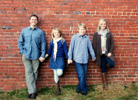 family photo with brick wall I love brick! Family Photos Against Brick Wall, Brick Family Photos, Family Photo Brick Wall, Family Photos Brick Wall, Family Pictures Brick Wall, Brick Wall Family Photoshoot, Family Pictures Downtown, Downtown Family Photoshoot, Urban Family Pictures