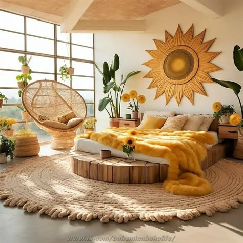 Boho Apartment Aesthetic Bedroom, Boho Kitchen Dark Cabinets, Colorful Mountain Home, Sunflower Bedroom Aesthetic, Sun Bedroom Aesthetic, Groovy Apartment Decor, Zen Room Ideas Bedrooms, Nature Theme Bedroom, Sunflower Bedroom Decor