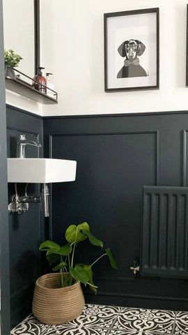 Top 5 Types Of Wall Panelling | Decorating Centre Online Toilet Room Paneling, Black Panelled Bathroom, Grey Batten Wall, Downstairs Bathroom Panelling, Lounge Dado Rail Wall Colors, Dado Rail Bathroom Ideas, Black Downstairs Toilet Ideas, Half Panel Wall Bathroom, Half Black Wall Bathroom