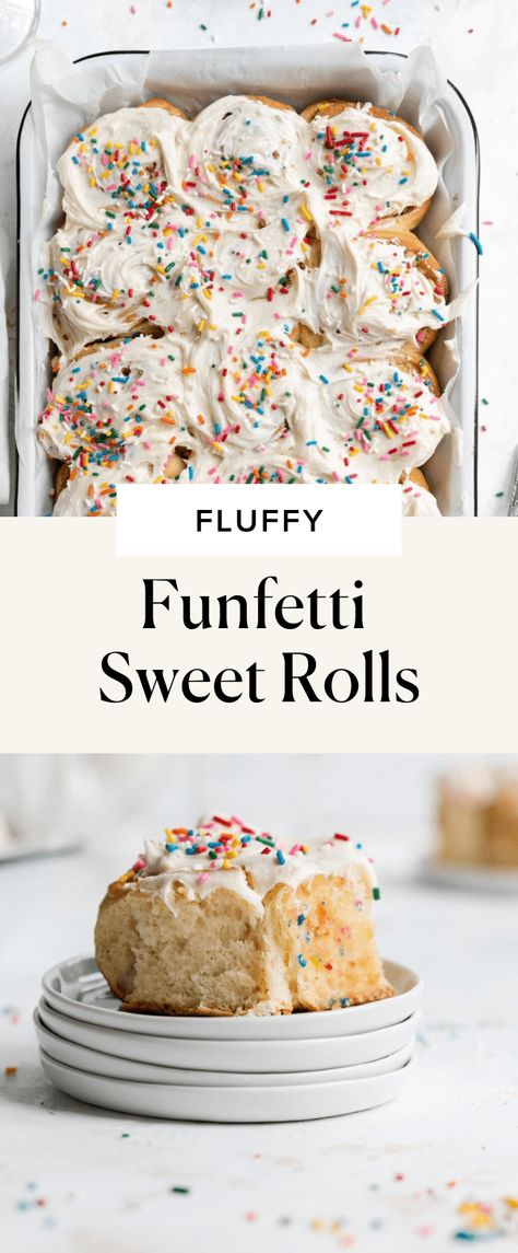 Birthday Breakfast Cake, Birthday Cake Roll, Funfetti Cinnamon Rolls, Brunch Birthday Cake, Birthday Cake Desserts, Birthday Baked Goods, Funfetti Rolls, Birthday Cake Muffins, Funfetti Recipes