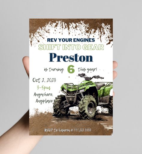 Rev your engine Shift into gear, ATV four-wheeler theme birthday boy invitation, easily edit age and details, dirt, mud, printable, digital Dates Background, 2nd Birthday Boy, Atv Four Wheelers, Motorcycle Party, 2nd Birthday Boys, Fun Invitations, 2nd Birthday Invitations, Monster Truck Birthday, Four Wheelers