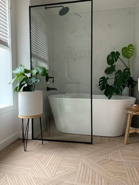 Porcelain Bathroom Tile, Slatted Wood Wall, Freestanding Bathtub Shower, Textured Tile, Porcelain Bathroom, Wood Wall Panels, Bathroom Redesign, Soaker Tub, Bathroom Design Inspiration