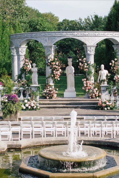 Greek style ceremony design decor statue flowers Rome #canada #usa #pink #pink #roses #styling #design #ancient #greece #structure #white Statue Flowers, Ancient Greece Architecture, Flower Arrangements Bouquets, Graydon Hall Manor, Greece Architecture, Decor Statue, Ceremony Design, Garden Deco, Event Decoration