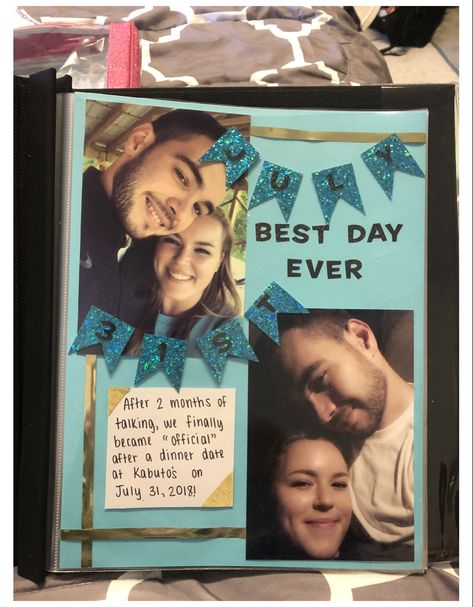 1st Year Together Scrapbook, Our First Year Together Scrapbook Ideas, Our First Year Book Boyfriend, Memory Journal Ideas For Boyfriend, Scrapbook For Love, Scrapbook First Page Ideas Love, First Page Of Scrapbook For Boyfriend, Our Story Book Diy Pages, Sibling Scrapbook Ideas