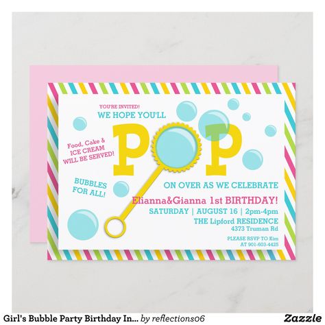 Girl's Bubble Party Birthday Invitation | Zazzle.com Birthday Bubbles, Bubble Party Favors, Bubble Birthday Parties, Bubble Birthday, Bubble Party, 2nd Birthday Party Themes, Party Invite Design, Ice Cream Birthday, Childrens Birthday Party