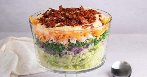 Traditional Paula Deen 7 Layer Salad Recipe - TheFoodXP Layered Salad With Peas, 7 Layer Salad, Layer Salad, Seven Layer Salad, Layered Salad Recipes, Trifle Dish, Simple Vinaigrette, Layered Salad, Tossed Salad