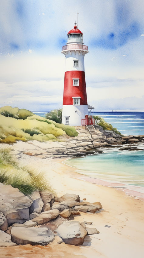 Embrace the peaceful radiance and guiding comfort of a lighthouse Lighthouse Beach Painting, Lighthouses Watercolor Painting, Painting Of A Lighthouse, Lighthouse Watercolor Painting Tutorial, Light Houses Painting, Beach Hut Painting, Lighthouse Acrylic Painting, Lighthouse Painting Easy, Lighthouses Painting