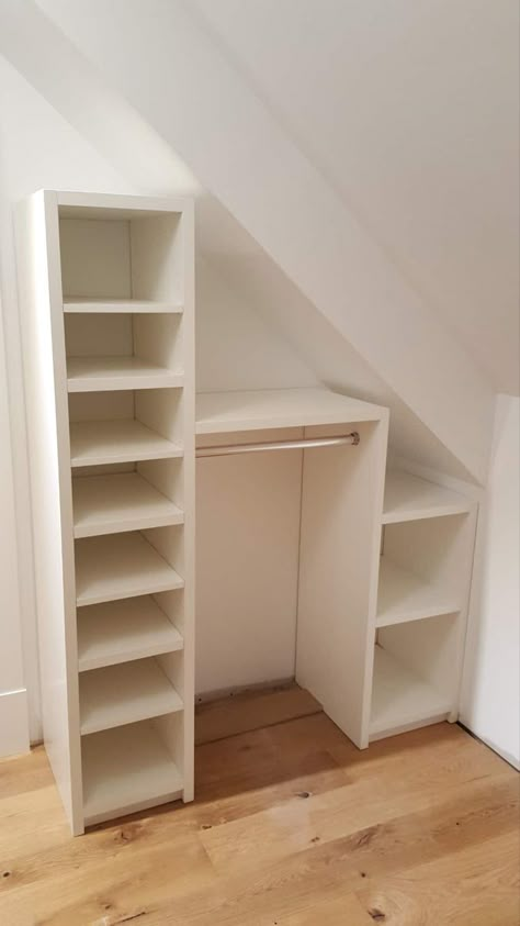 Closet In Dormer Slanted Ceiling, Slanted Attic Closet Ideas, Furniture For Slanted Walls, Slanted Ceiling Closet, Slanted Roof, Attic Bedroom Storage, Attic Closet, No Closet Solutions, Closet Renovation