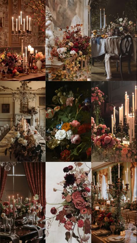 Vintage Ball Aesthetic, Baroque Wedding Flowers, Soft Fall Wedding Flowers, Baroque Italian Wedding, Edgy Romantic Aesthetic, Spring Wedding Dark Colors, Bridgerton Fall Wedding Aesthetic, Moody Wedding Theme Ideas, Moody Bridgerton Wedding