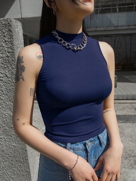 Mock Neck Ribbed Knit Tank Top Navy Blue Casual   Fabric Plain Tank Medium Stretch  Women Clothing, size features are:Bust: ,Length: ,Sleeve Length: Tank Top Cami, Knitted Tank Top, Knit Tanks, All Fashion, Mock Neck, Womens Tees, Ribbed Knit, Tank Tops Women, Latest Trends