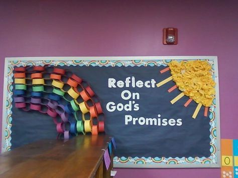 March bulletin board? Have the kids make rainbow crafts.  Previous pinner's alternative saying idea: "you don't need luck when you have Jesus" Paper Chain Bulletin Board, Genesis Bulletin Board Ideas, Spring Door Decorations Classroom, Sunday School Bulletin Board Ideas, Spring Door Decorations, Bible Bulletin Boards, Sunday School Bulletin Boards, March Bulletin Board, Church Bulletin Board Ideas